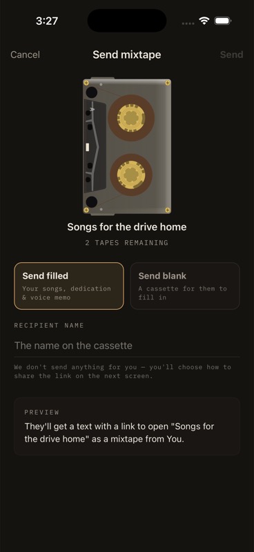 Tape Bird — Send screen